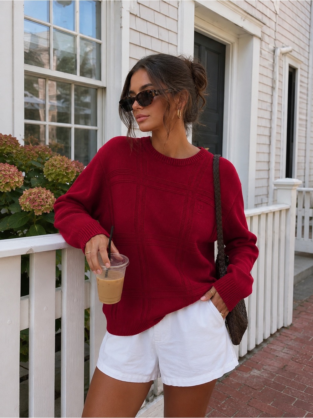 IZOD Red Textured Knit Crewneck Sweater L Preppy Old Money 100% Cotton Americana